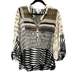 Joseph Ribkoff Sheer Mixed Print Balloon Sleeve Quarter Button Blouse Size 10